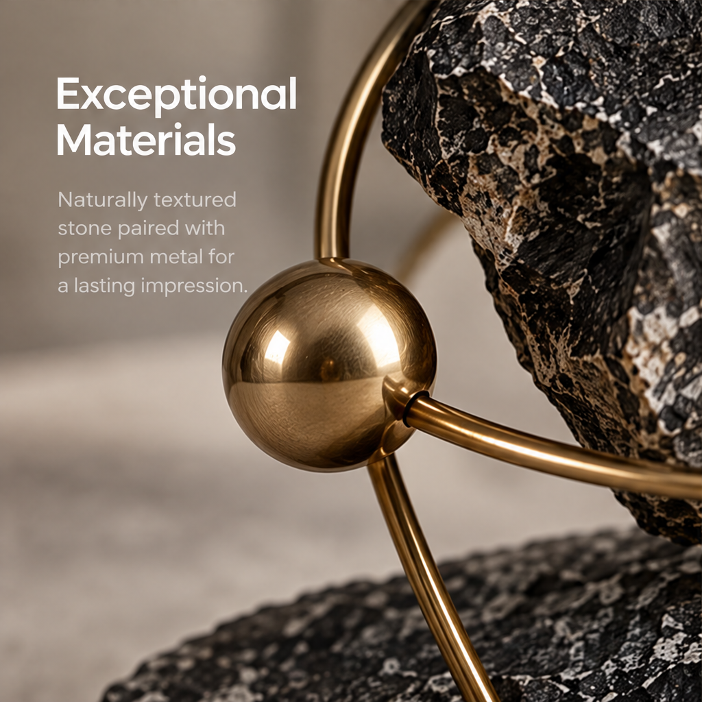 Dark orbital sculpture styled on a neutral display surface