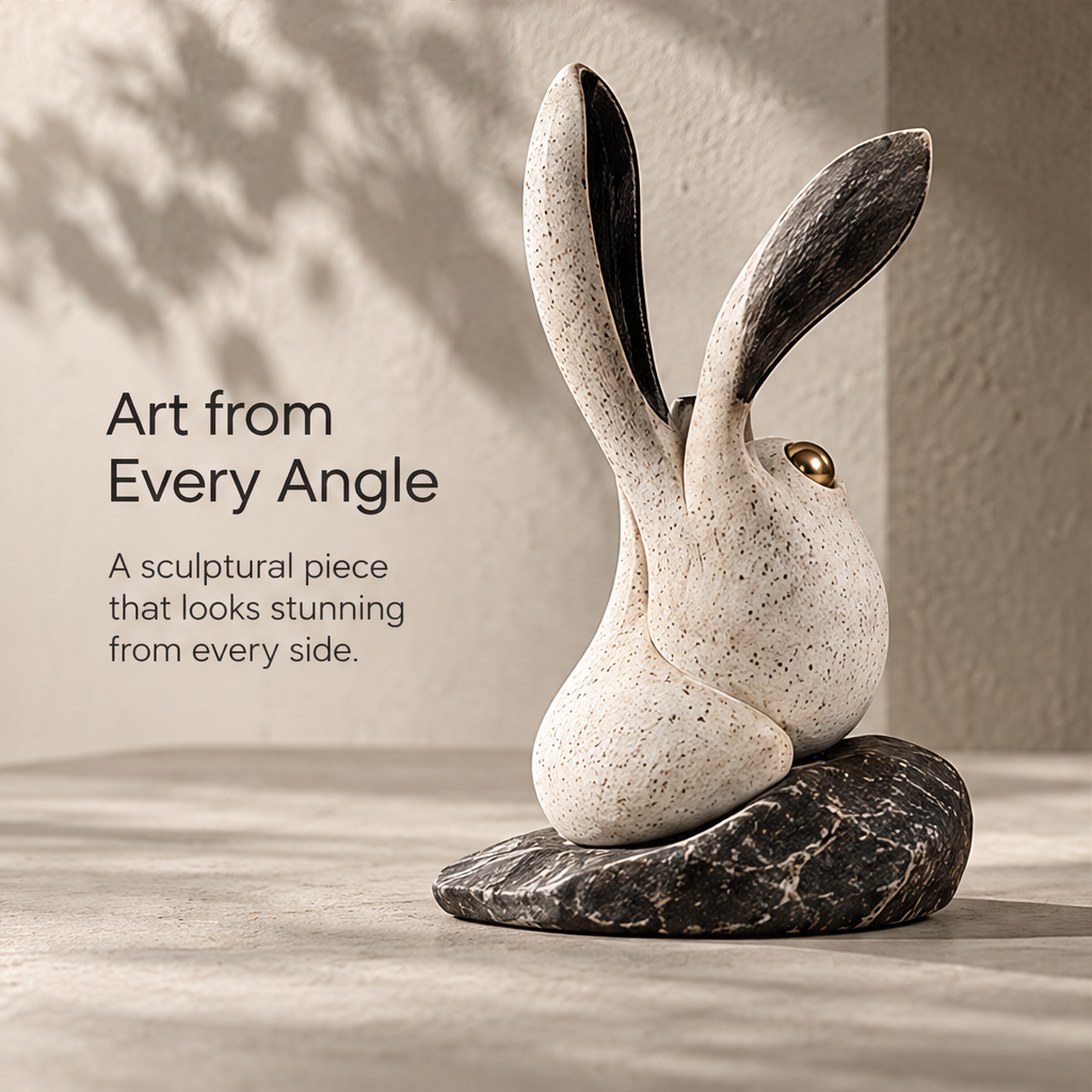 Rabbit-inspired sculpture styled beside books on a console
