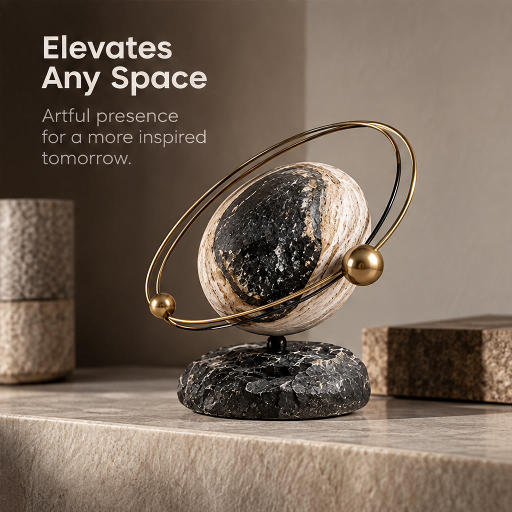 Elevated angled view showing the contrasting globe bands and golden sphere accents