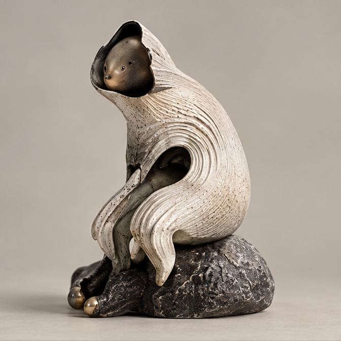 Hooded forest creature sculpture with an ivory-toned cloak and dark rock-like base, full view without text