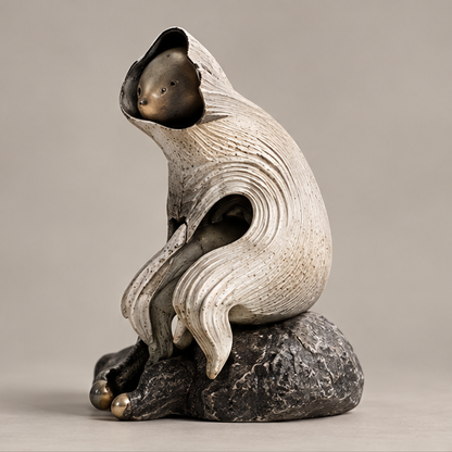 Hooded forest creature sculpture with an ivory-toned cloak and dark rock-like base, full view without text