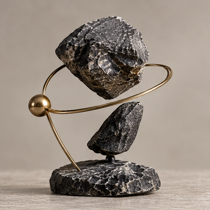 Full view of dark faceted forms with gold-toned orbital ring and sphere on a round base, without text