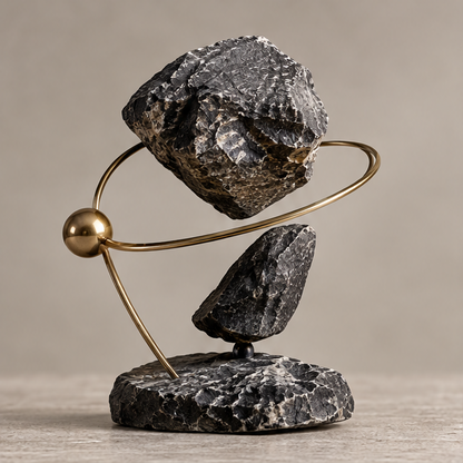 Full view of dark faceted forms with gold-toned orbital ring and sphere on a round base, without text