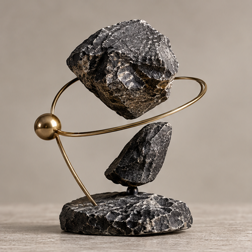 Full view of dark faceted forms with gold-toned orbital ring and sphere on a round base, without text