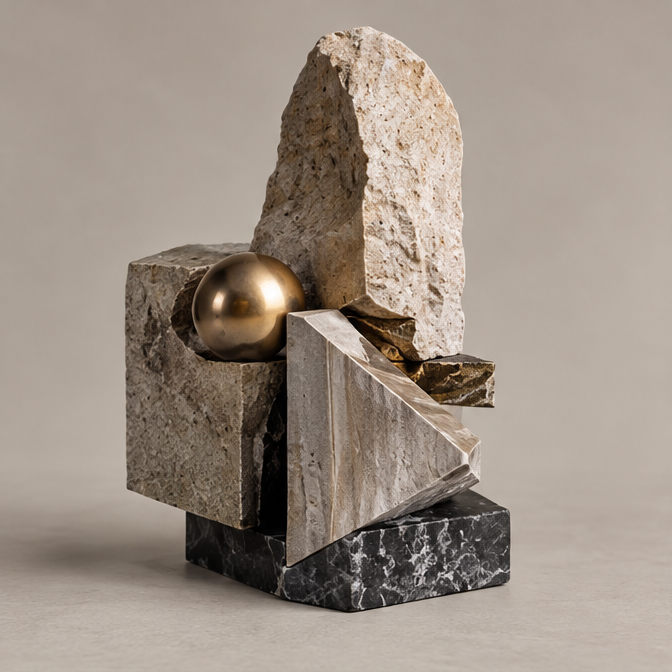 Full view of abstract geometric block sculpture with gold-toned orb and dark veined base, without text