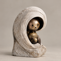 Full view of a gold-toned seated figure holding a sphere inside an ivory-toned swirl cocoon, without text
