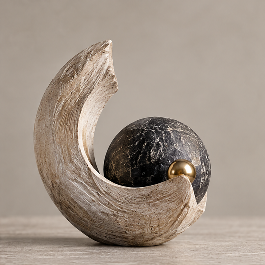 Full view of ivory-toned crescent framing a dark veined sphere and small gold-toned orb, without text