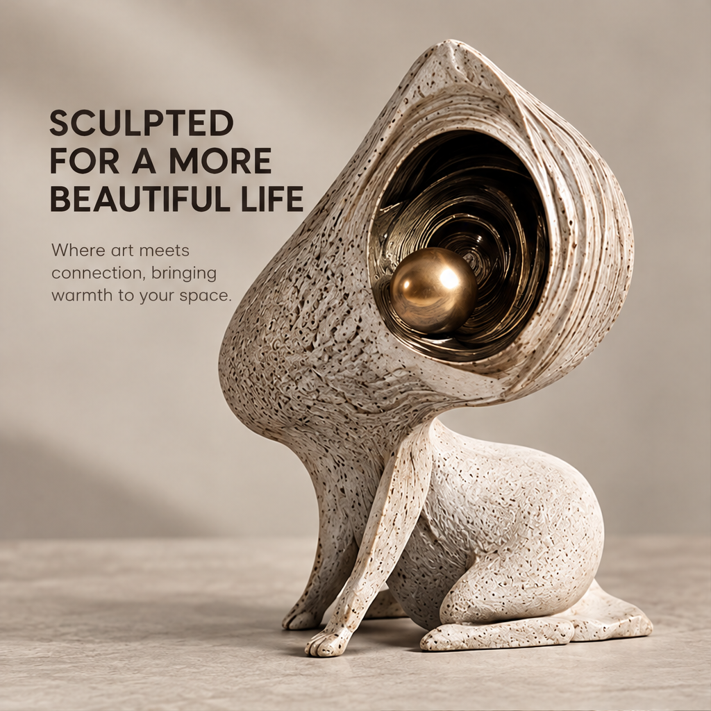 Front angled view of the seated creature sculpture and spiral head recess