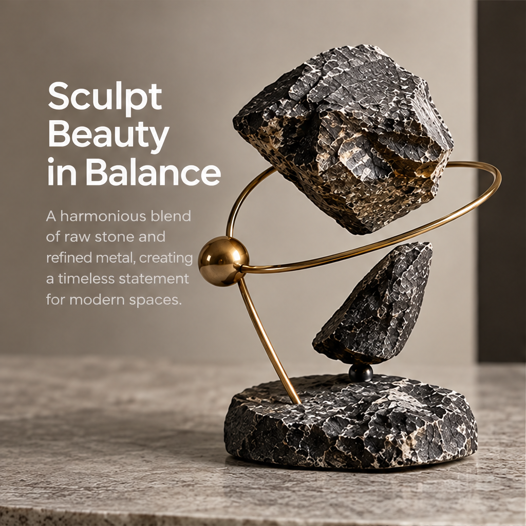 Angled view of the orbital sculpture with large upper form and smaller lower fragment