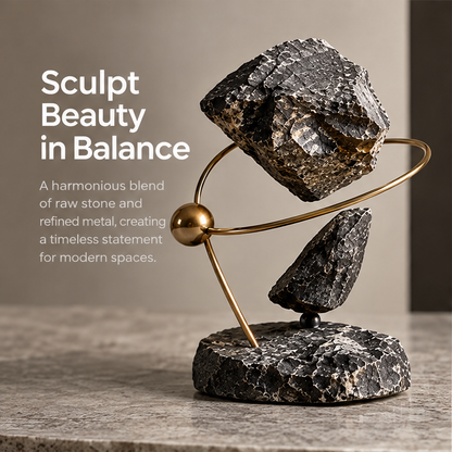 Angled view of the orbital sculpture with large upper form and smaller lower fragment