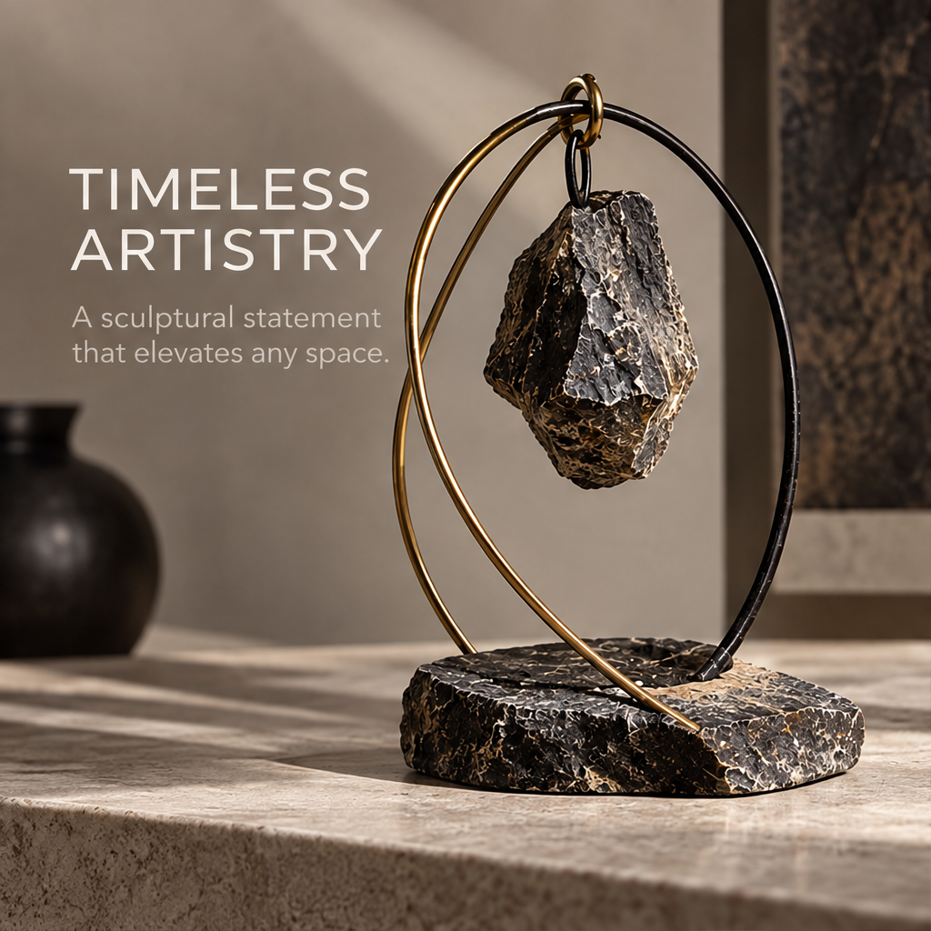 Abstract hanging facet sculpture styled on a neutral console