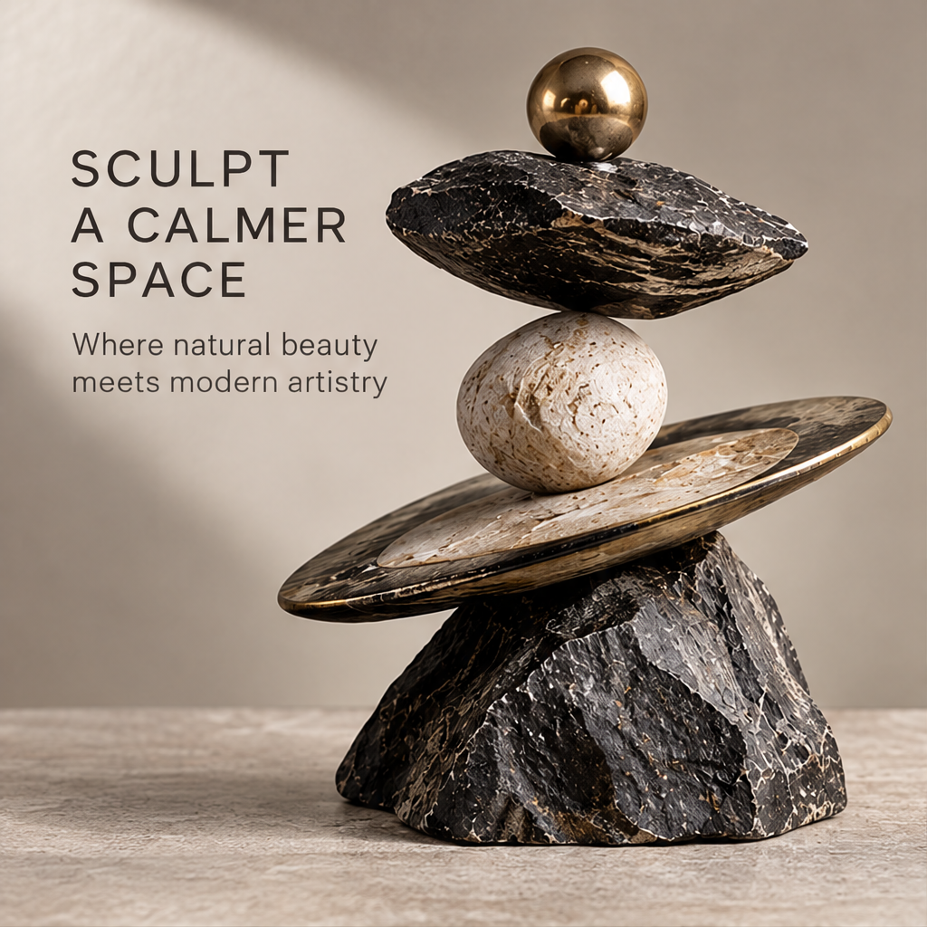 Front angled view of the stacked rounded forms and gold-edged tilted disc