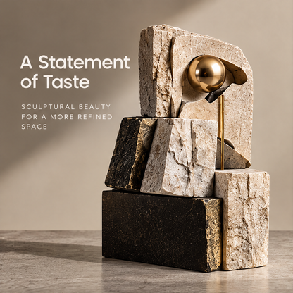 Front angled view of the contrasting light and dark stacked geometric sculpture