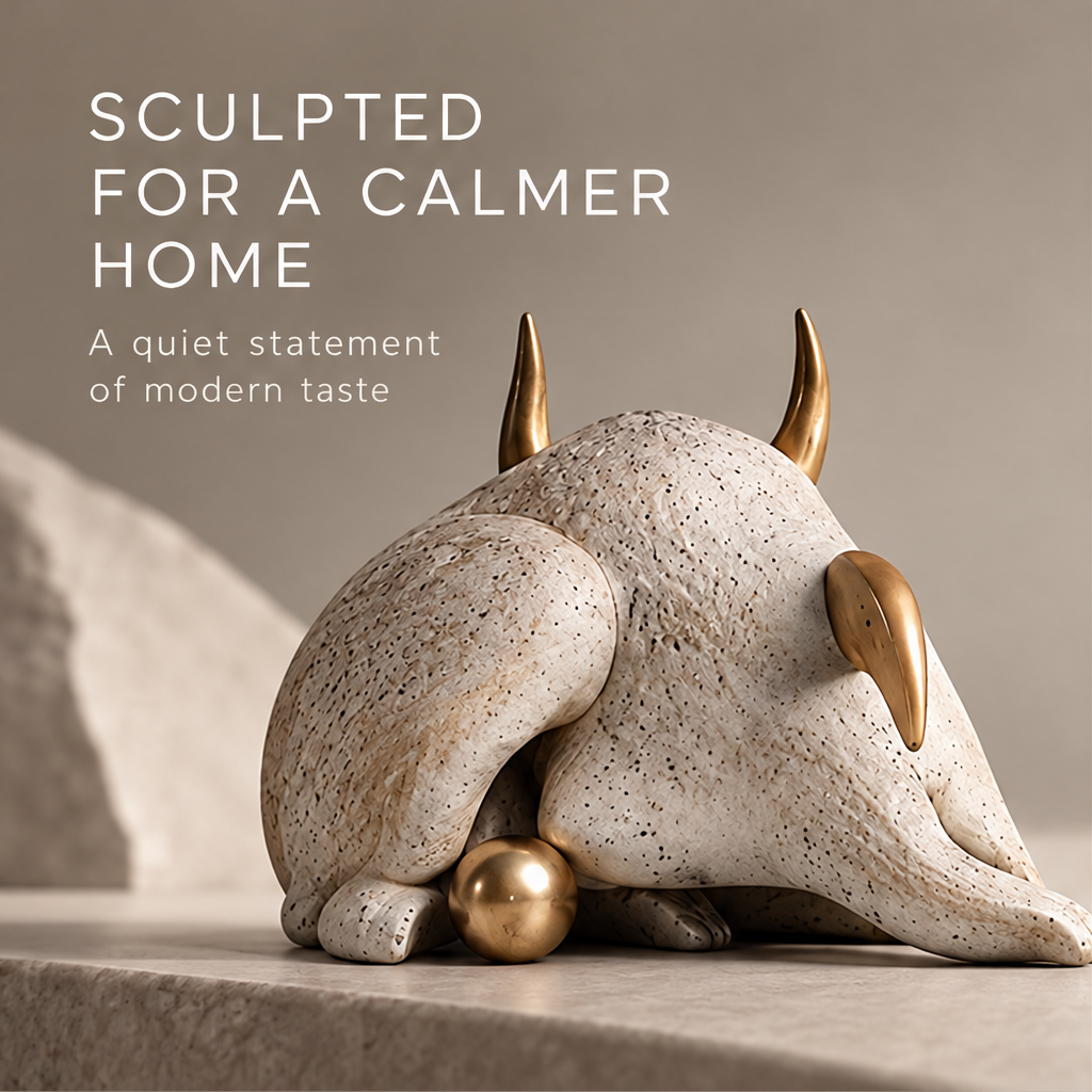 Opposite side view of the resting horned creature and gold-toned sphere
