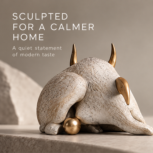 Opposite side view of the resting horned creature and gold-toned sphere