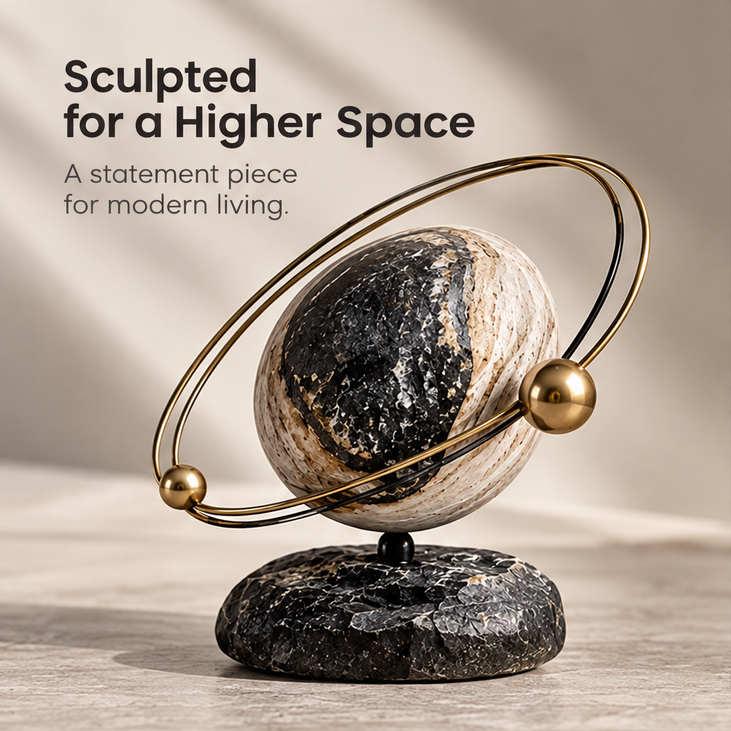 Two-tone globe sculpture viewed from the side with the rings appearing more upright