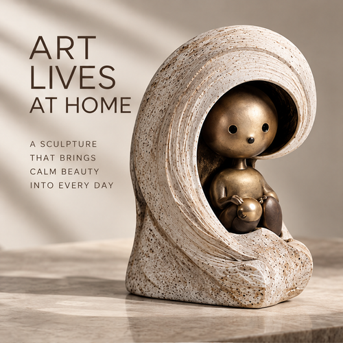 Front view of the round-faced figure and textured ivory-toned cocoon