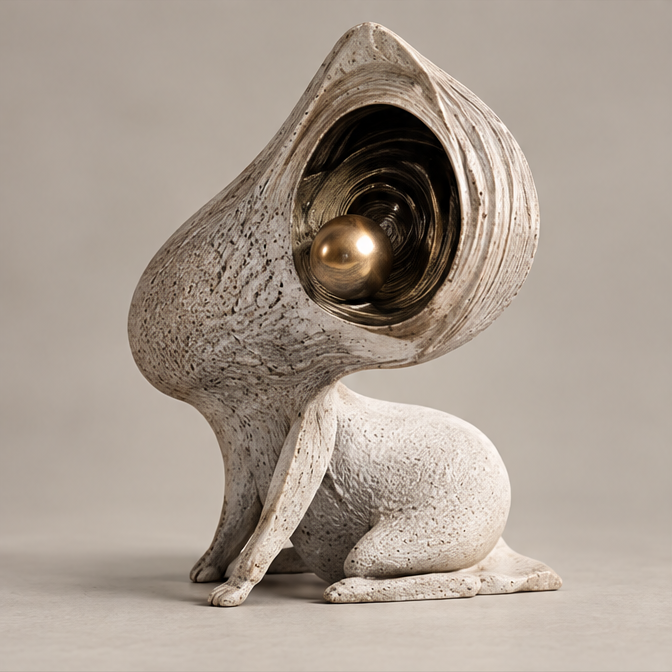 Full view of ivory-toned teardrop creature sculpture with a gold-toned orb, without text
