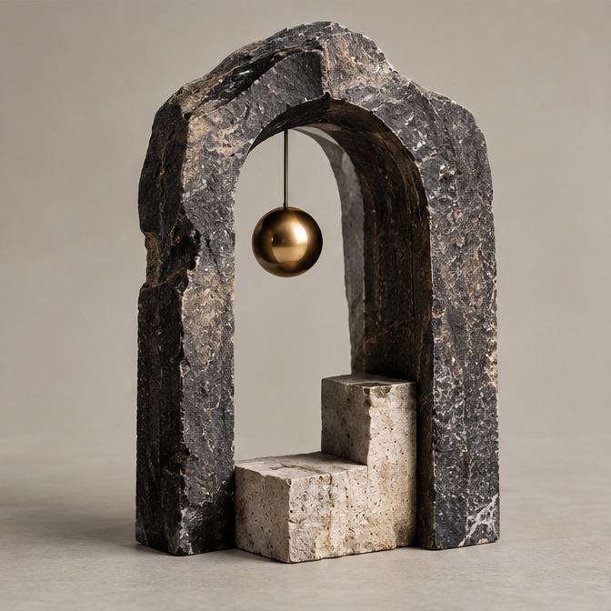 Full view of dark arch sculpture with suspended gold-toned orb and beige steps, without text