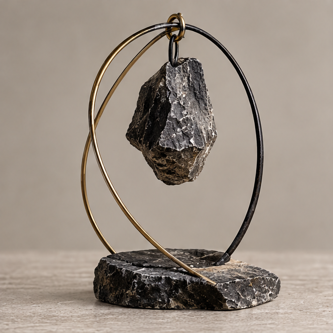 Full view of hanging dark faceted pendant within intersecting curved arches, without text