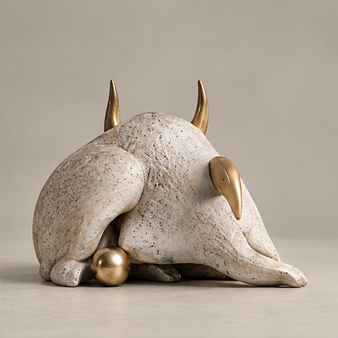 Full view of a curled ivory-toned horned creature sculpture with gold-toned orb, without text