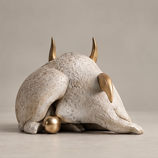 Full view of a curled ivory-toned horned creature sculpture with gold-toned orb, without text