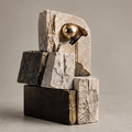 Full view of stacked abstract blocks with eye-shaped opening and gold-toned sphere, without text