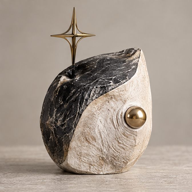 Full view of two-tone abstract sculpture with gold-toned four-point star and orb, without text