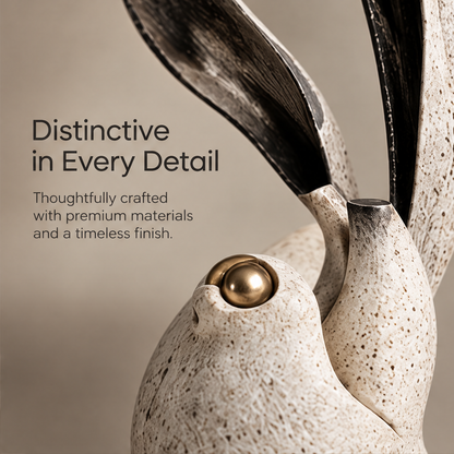 Front angled view of the long-eared rabbit-inspired sculpture