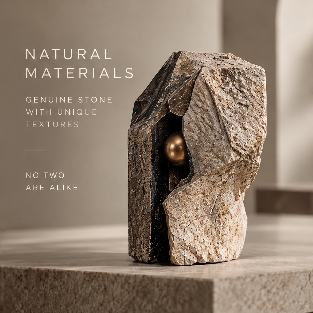 Faceted abstract sculpture styled on a neutral display surface