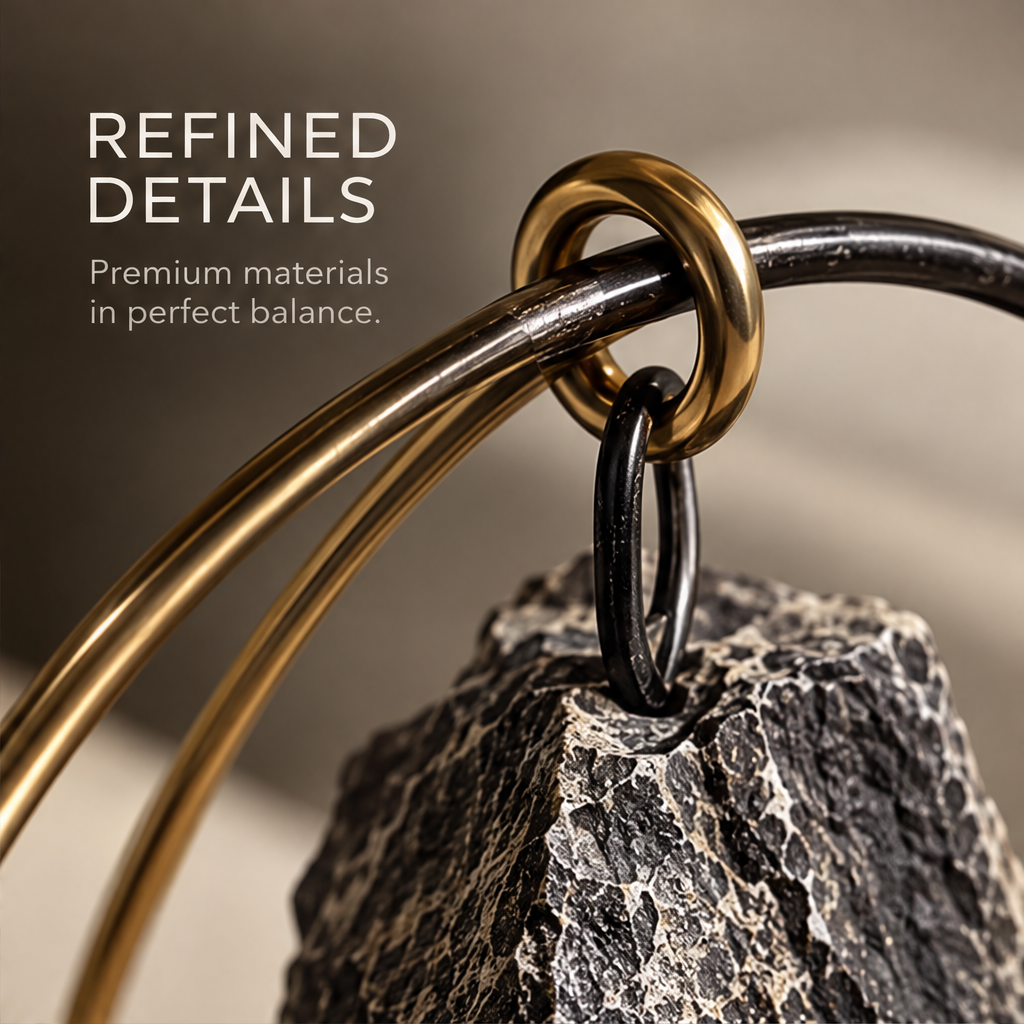 Close-up of linked gold-toned and dark rings supporting the faceted pendant