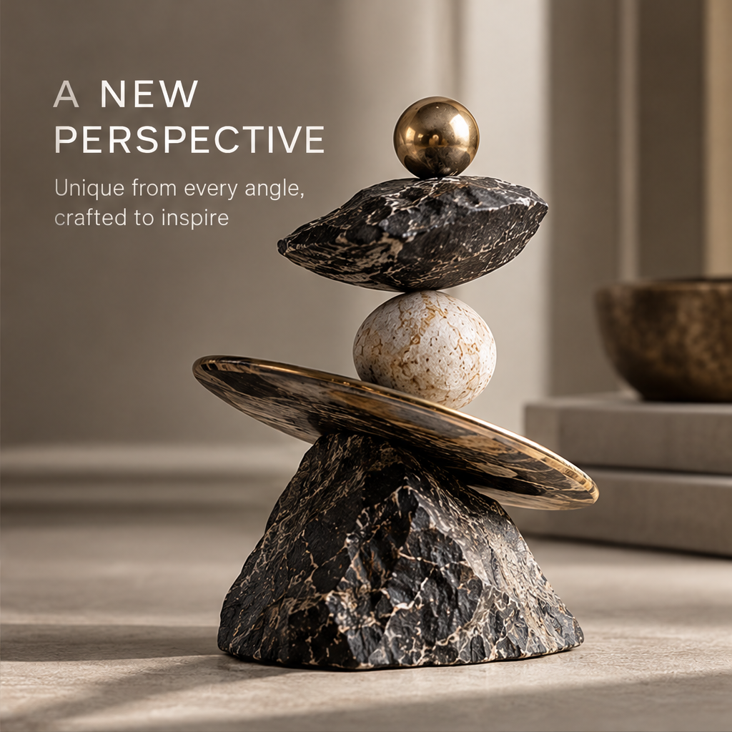 Stacked disc and sphere sculpture styled on a neutral console