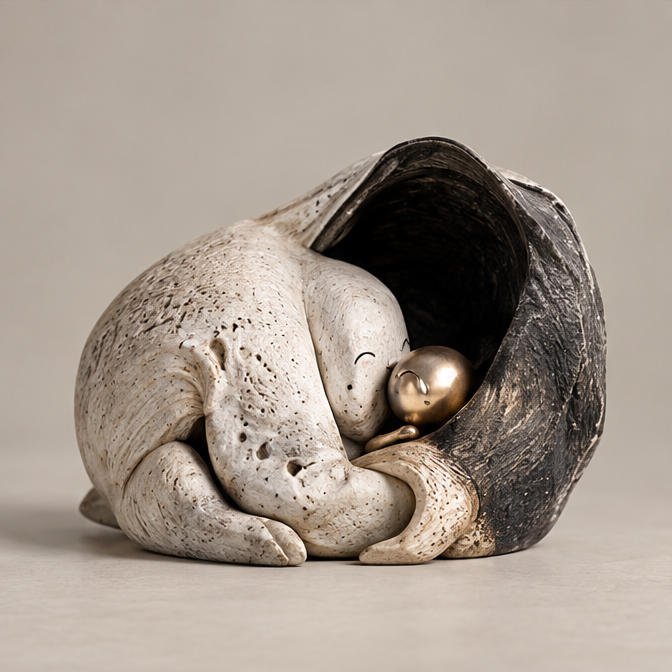 Full view of two nestled ivory and gold-toned figures within a dark cocoon, without text