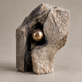 Full view of abstract faceted beige and dark layers framing a gold-toned orb, without text