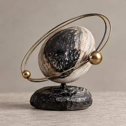 Full view of two-tone globe sculpture with twin orbital rings and two gold-toned spheres, without text