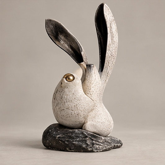 Full view of ivory-toned long-eared rabbit sculpture with gold-toned eye on a dark base, without text
