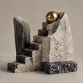Full view of ascending steps sculpture with sweeping pale wall and gold-toned sphere, without text