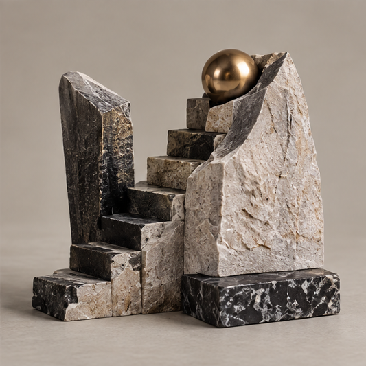 Full view of ascending steps sculpture with sweeping pale wall and gold-toned sphere, without text