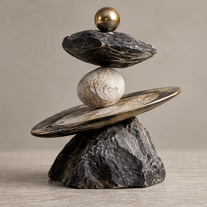 Full view of stacked abstract sculpture with tilted disc, pale sphere and gold-toned orb, without text