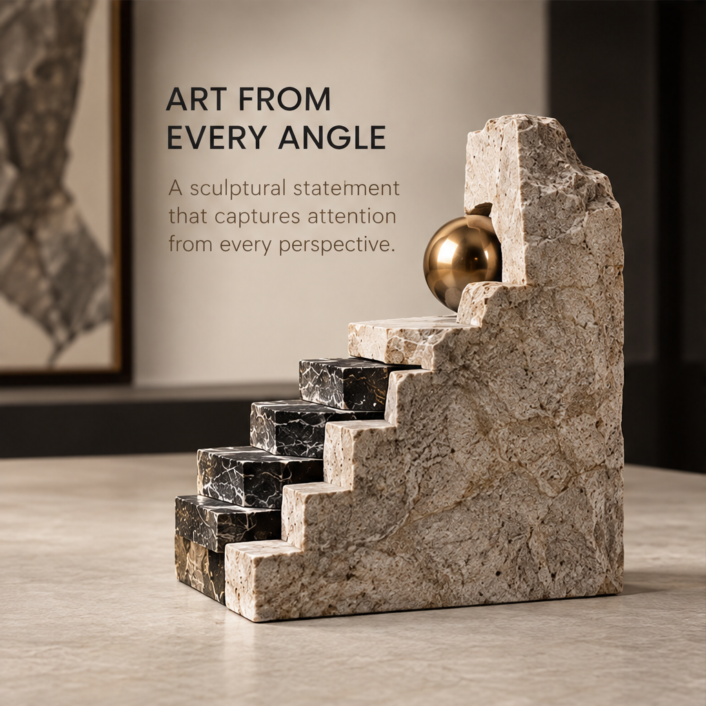 Architectural staircase sculpture styled beside books and a decorative bowl