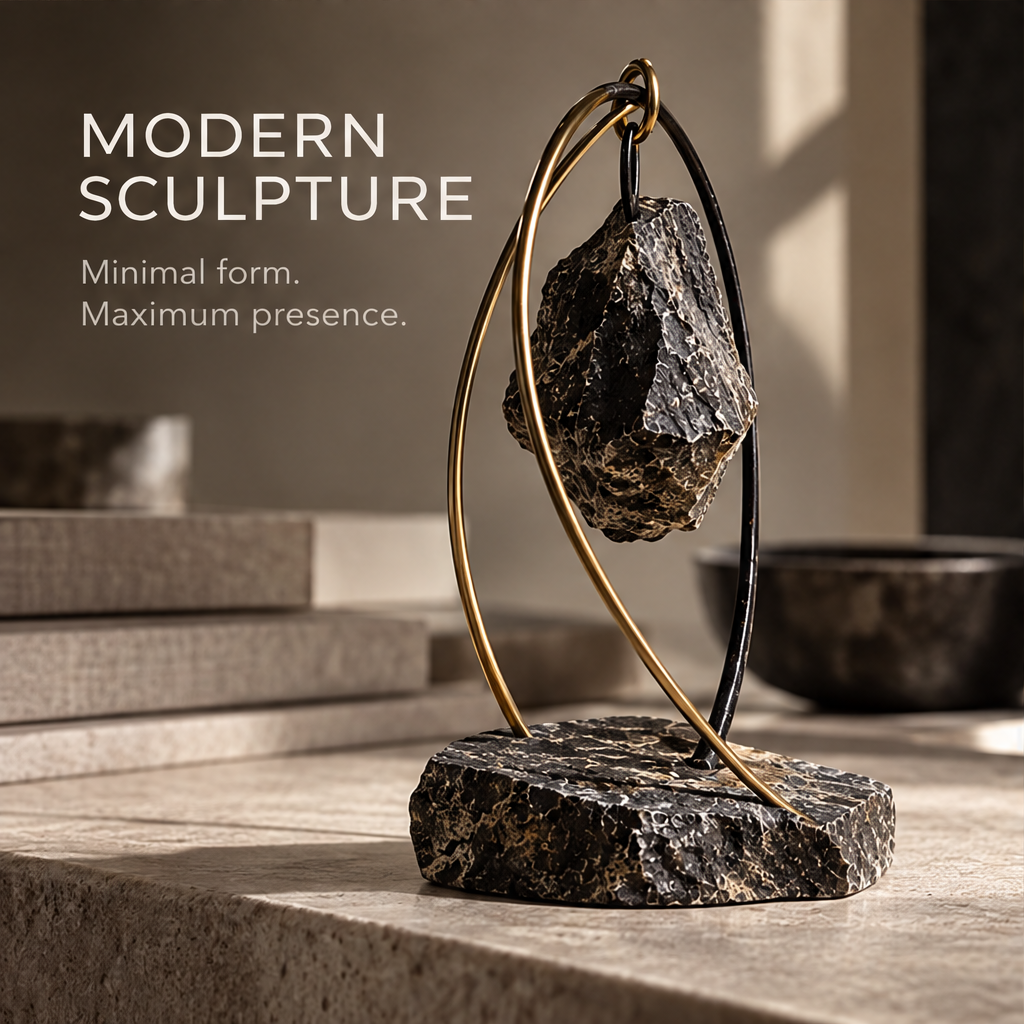 Angled view of the hanging pendant sculpture beside understated decor