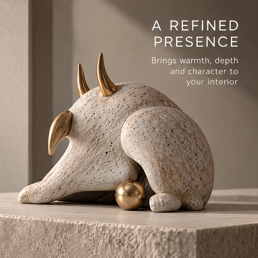 Resting horned creature sculpture styled on a neutral display surface