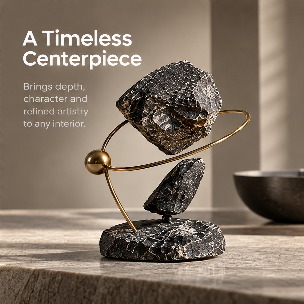 Close-up of the gold-toned sphere, curved ring and inclined rod