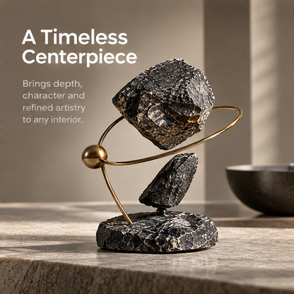 Close-up of the gold-toned sphere, curved ring and inclined rod