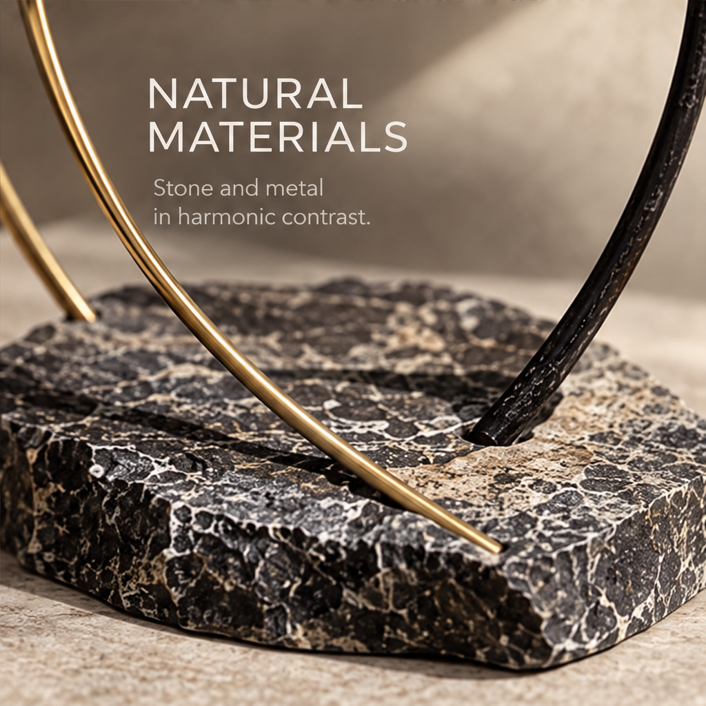 Close-up of the dark veined base and contrasting curved frame elements