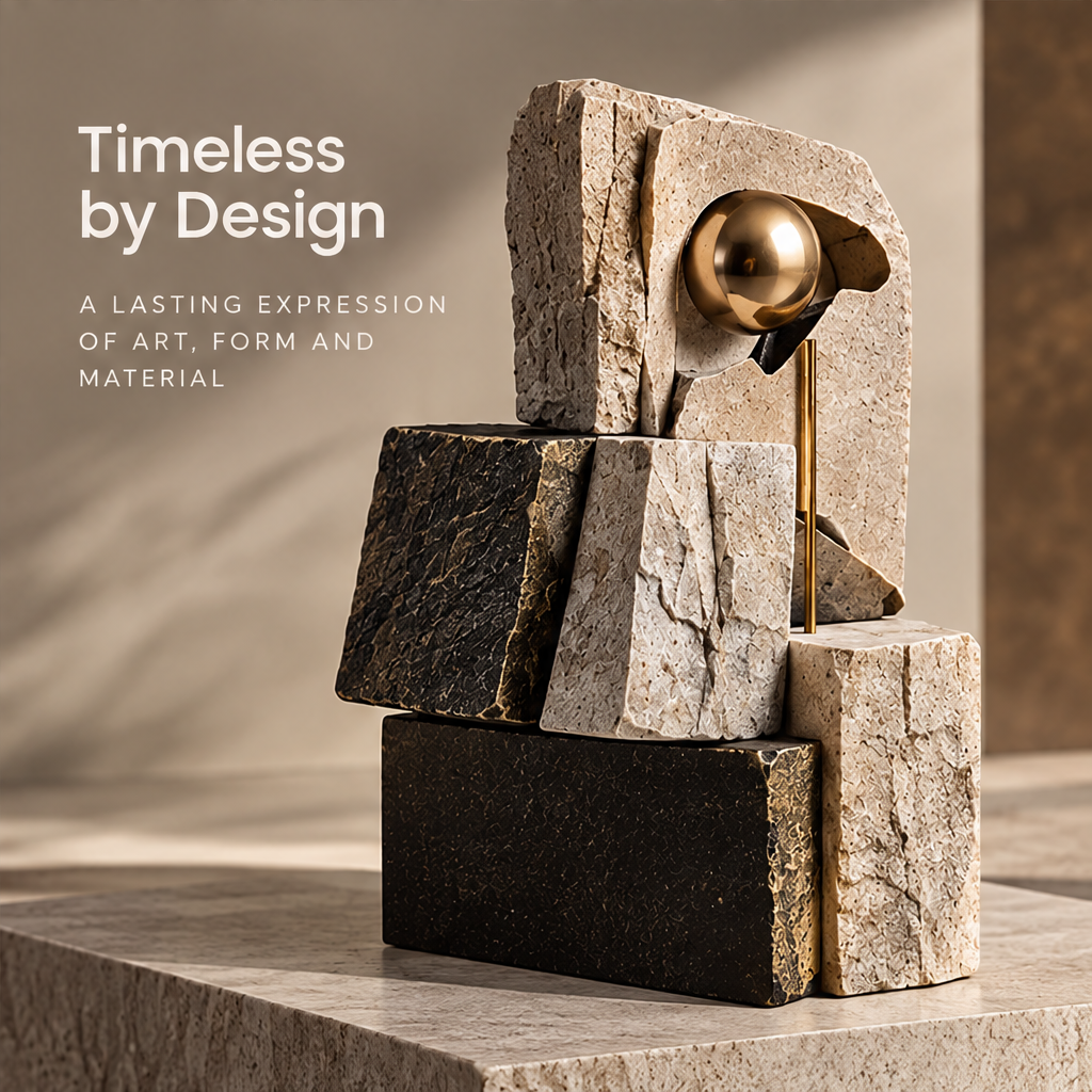 Abstract stacked block sculpture displayed on a neutral console