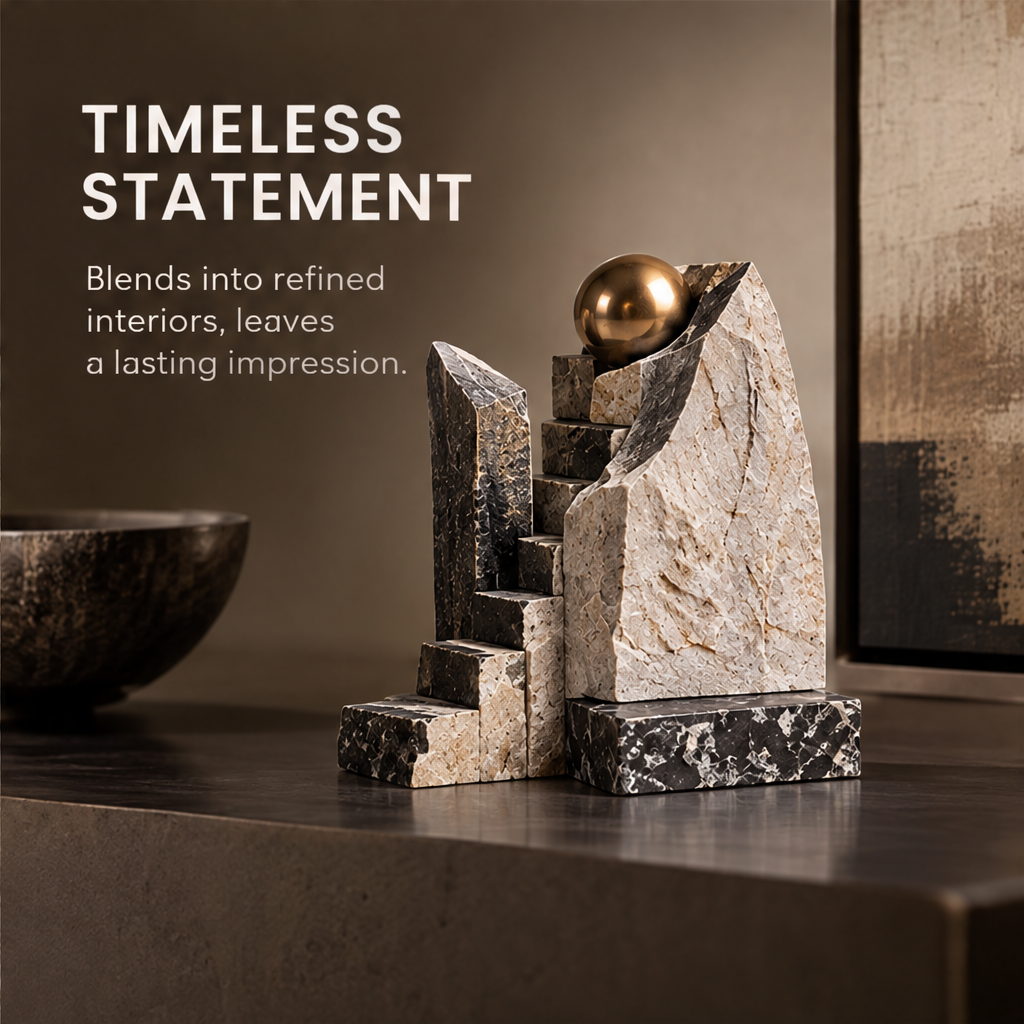 Architectural staircase sculpture styled on a console beside understated decor